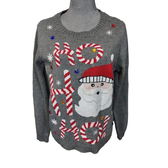 Carolyn Taylor Christmas Sweater Gray Jeweled Crew Neck Santa Ho Ho Ho Large - Picture 1 of 5